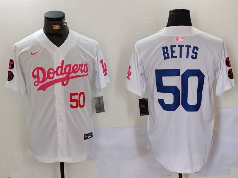 Mens Los Angeles Dodgers #50 Mookie Betts White Pink Vin & Kobe Patch Stitched Baseball Jersey